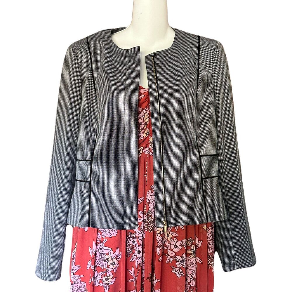 Calvin Klein Houndstooth Blazer 8P Black White Collarless Zip Front Jacket